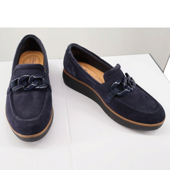 Clarks Shoes - Clarks‎ Zylah May Navy Suede Chain Loafers Platform Comfort Shoes NIB 9.5M